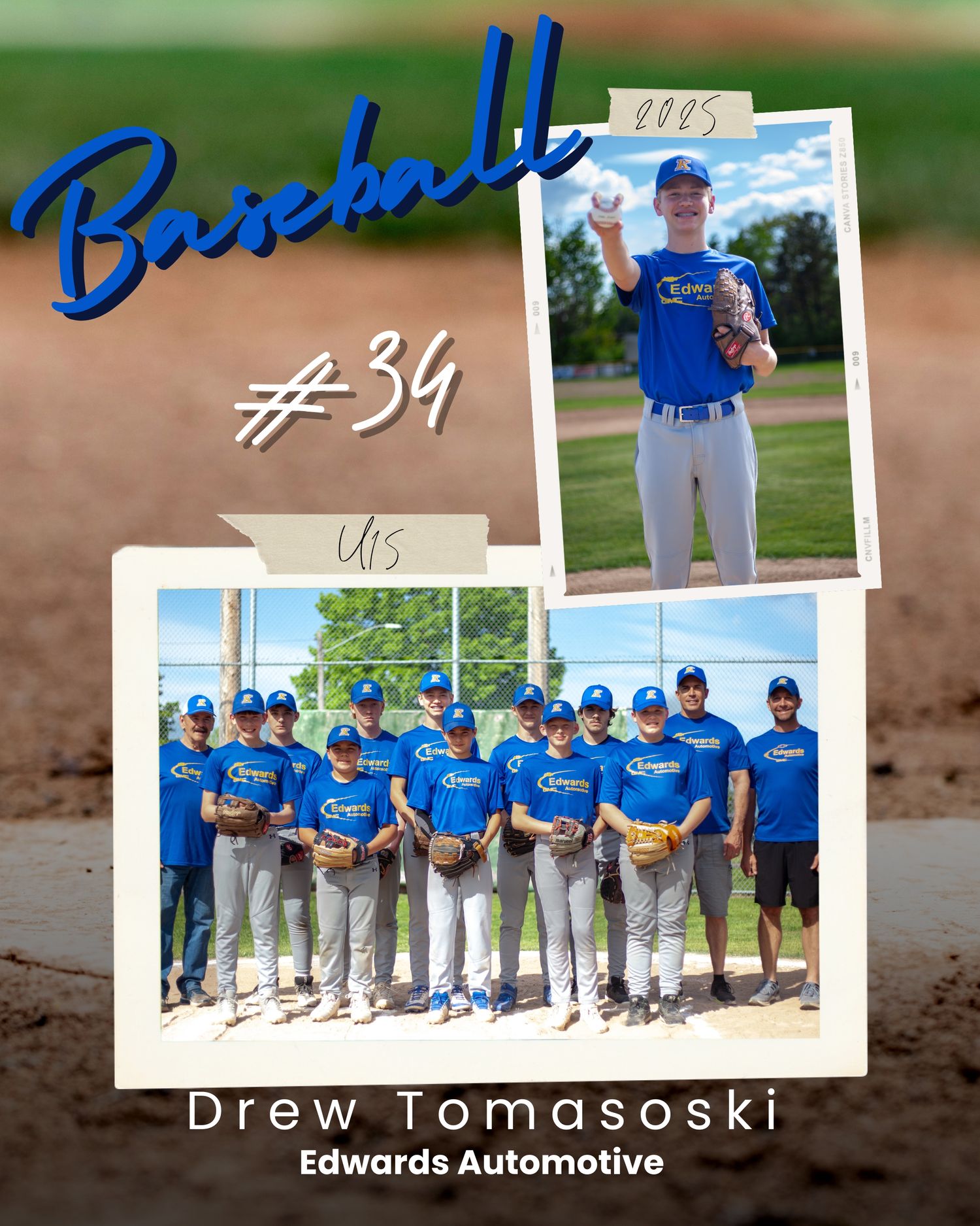 Baseball team photo collage with player number 34 and team group shot in blue uniforms.
