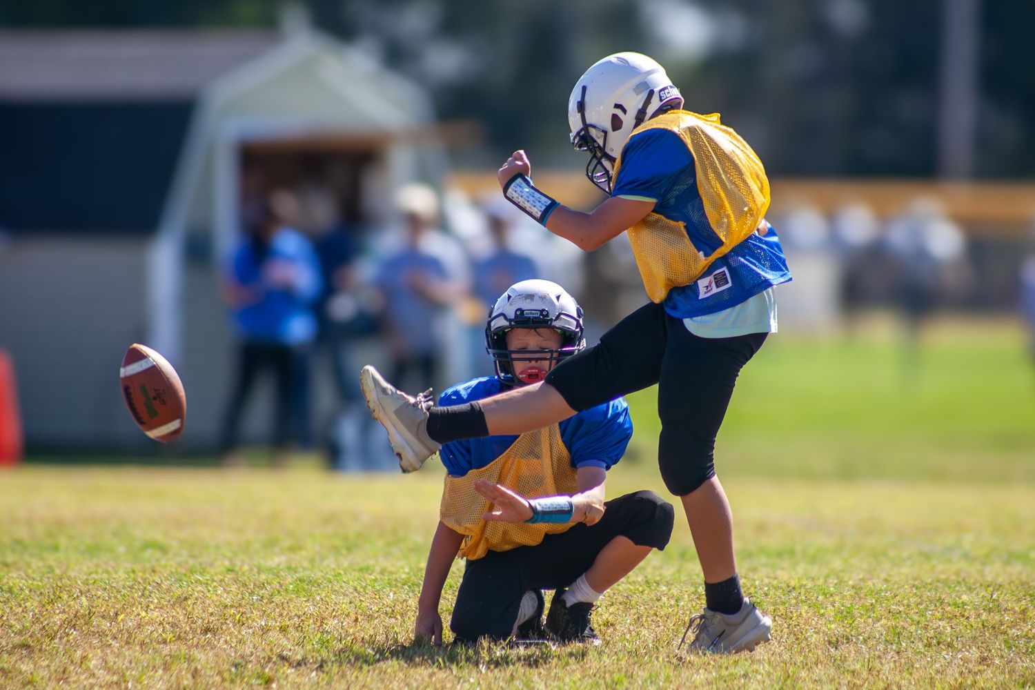 Youth football players in blue and yellow uniforms attempt to catch a loose ball during a game.