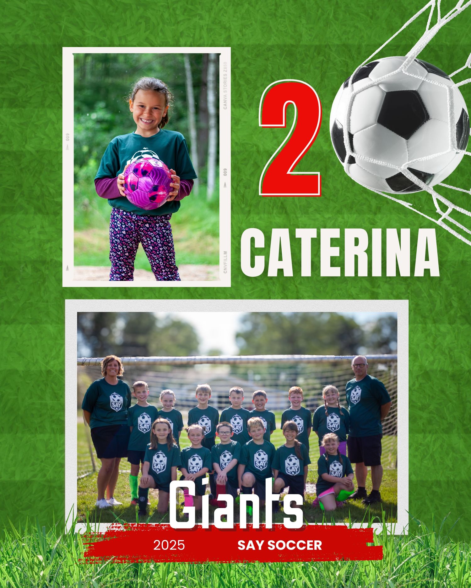 Soccer team photo collage with green background and number 2.