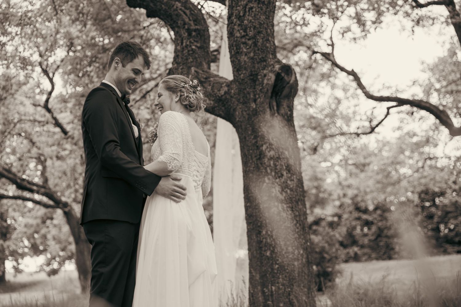 Black and white wedding portraits captured under a majestic old tree.