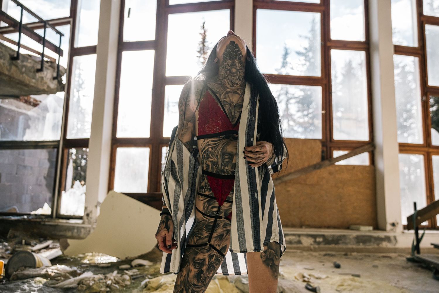 Series of artistic shots showing exploration through an abandoned building with large windows.