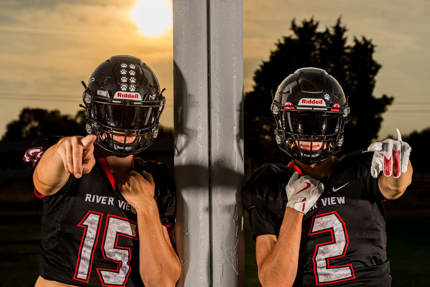 Riverview football players posing at sunset during Media Day in Tri Cities WA captured by Dillon Lane Photography Eastern Washington.