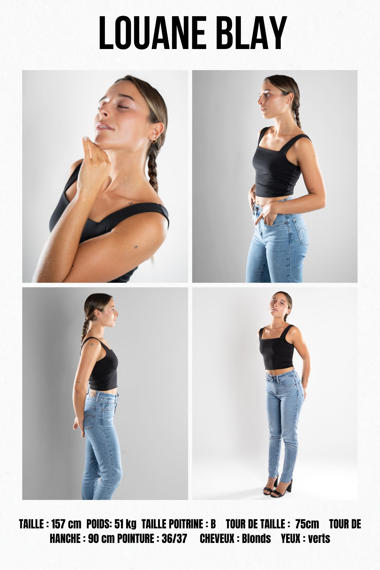 présentation d'une modele photo avec ses photo professionnelles et ses mensurations