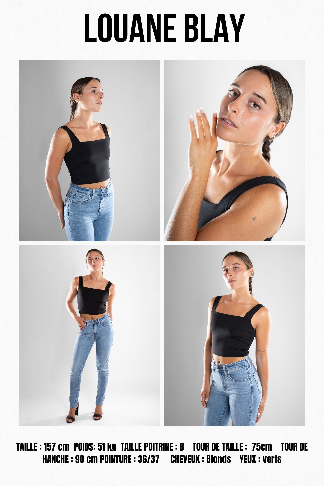 présentation d'une modele photo avec ses photo professionnelles et ses mensurations