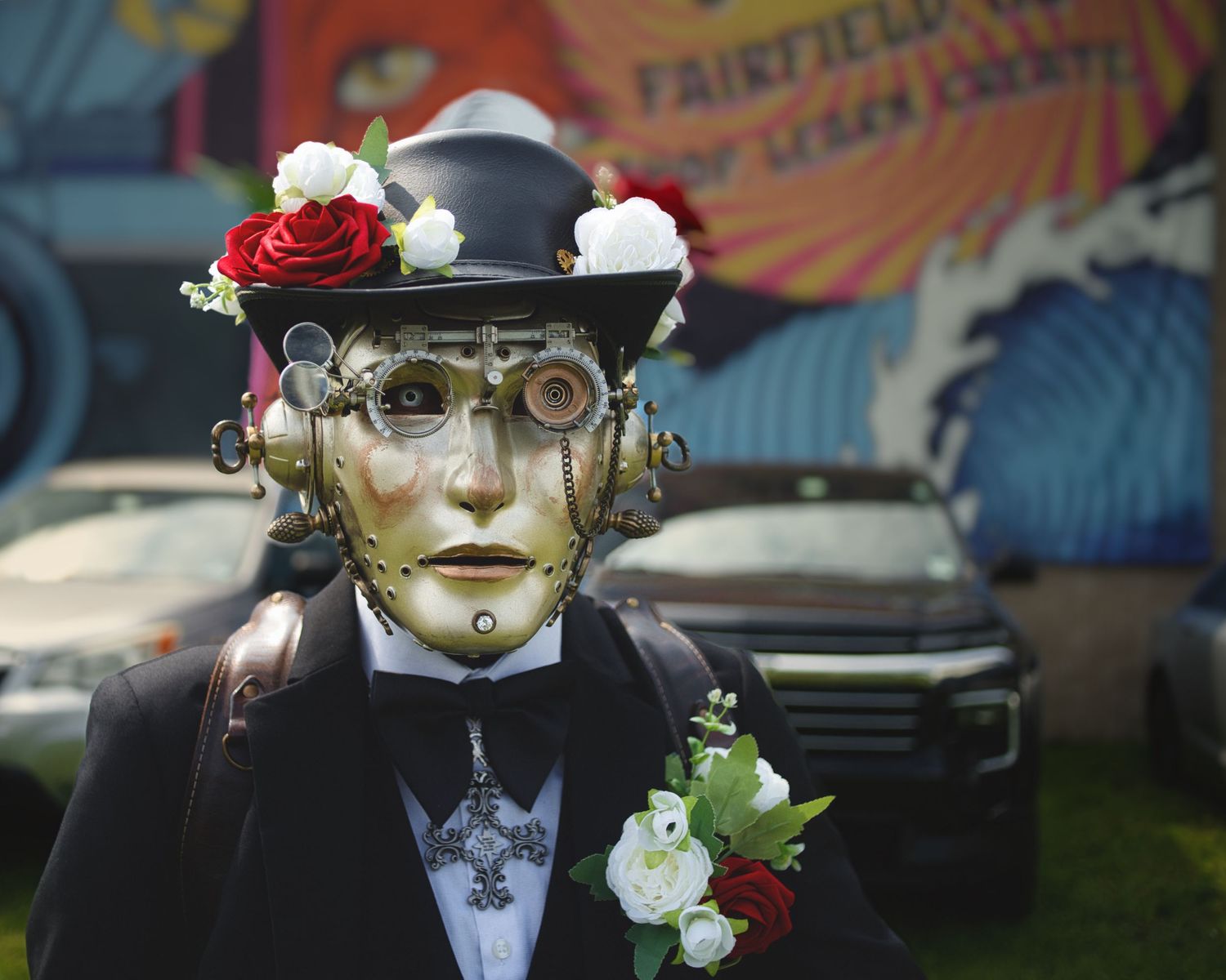 A steampunk-style figure wearing a black top hat adorned with roses and mechanical goggles stands outdoors.