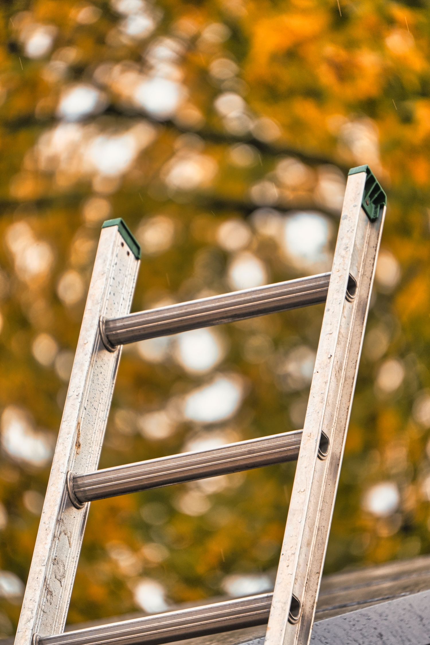 Decorative wooden ladder rail photographed against blurred autumn foliage with warm orange bokeh background.