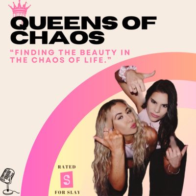 Pink and black promotional banner for 'Queens of Chaos' podcast featuring text and crown graphics.