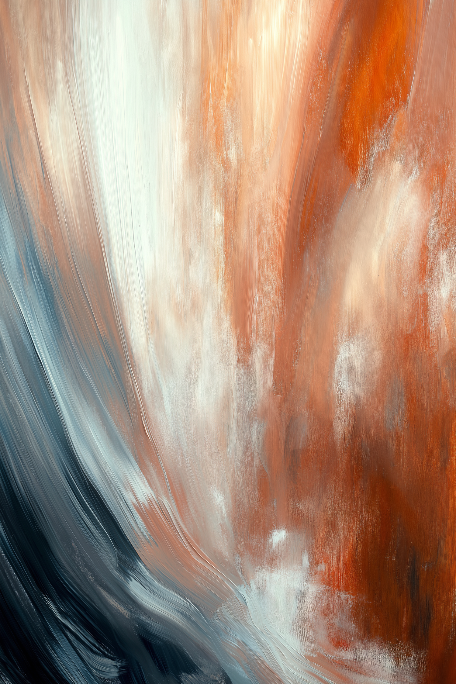 Abstract digital art with dramatic sweeping brushstrokes in orange, white and deep blue creating a dynamic motion effect.