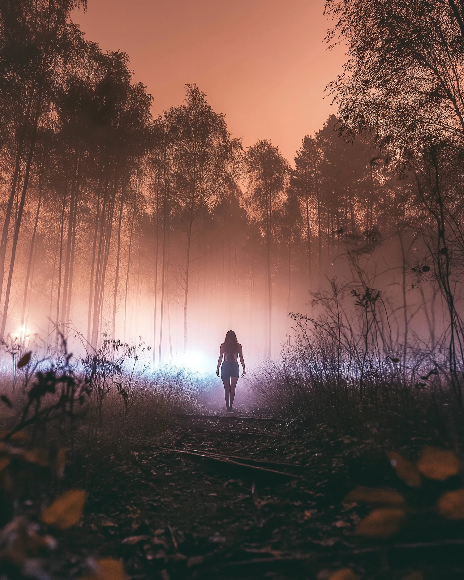 A silhouetted figure stands in a misty forest during sunset, creating an ethereal and moody atmosphere.