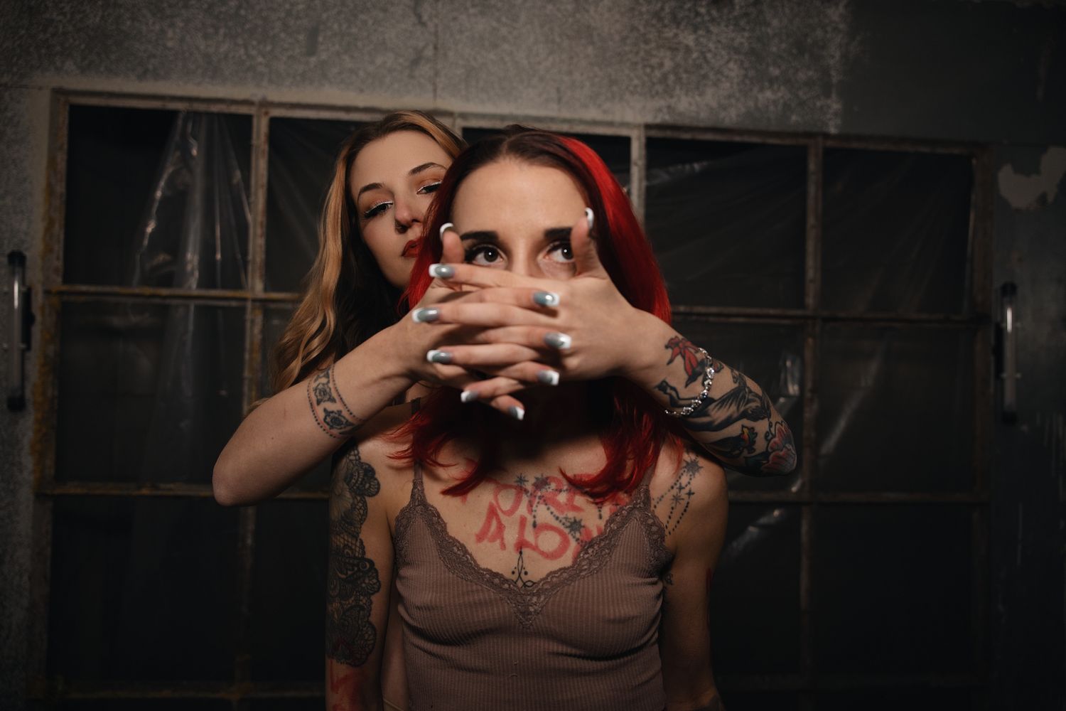 A dark and moody sequence of horror-themed photos showing someone covering their eyes and face in dramatic lighting.
