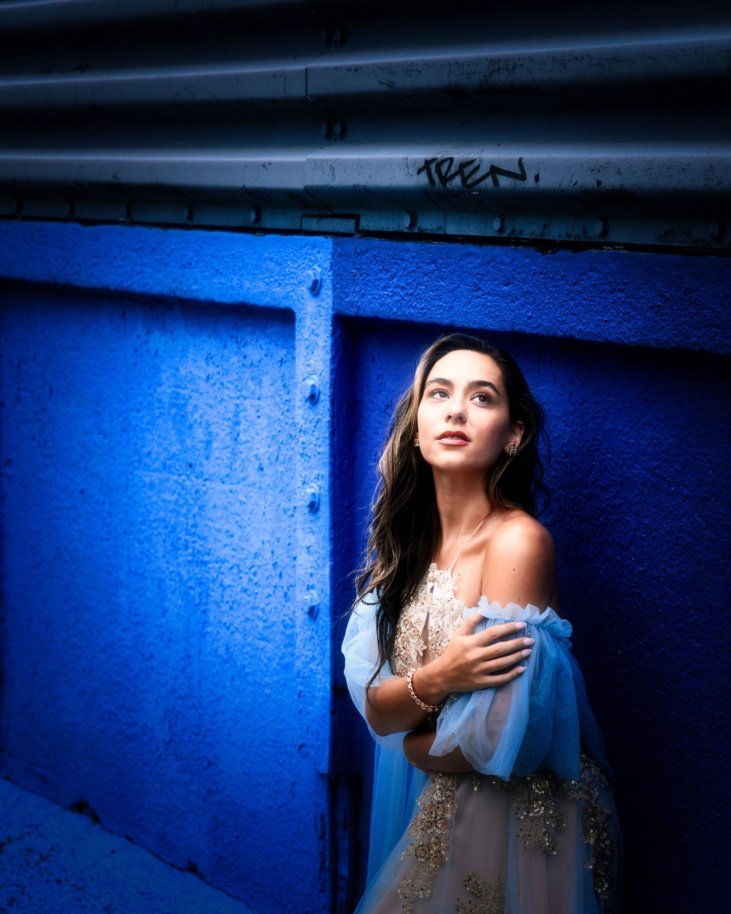 Portrait series against blue wall transitions from darkness to soft dramatic lighting with shadow play effects.