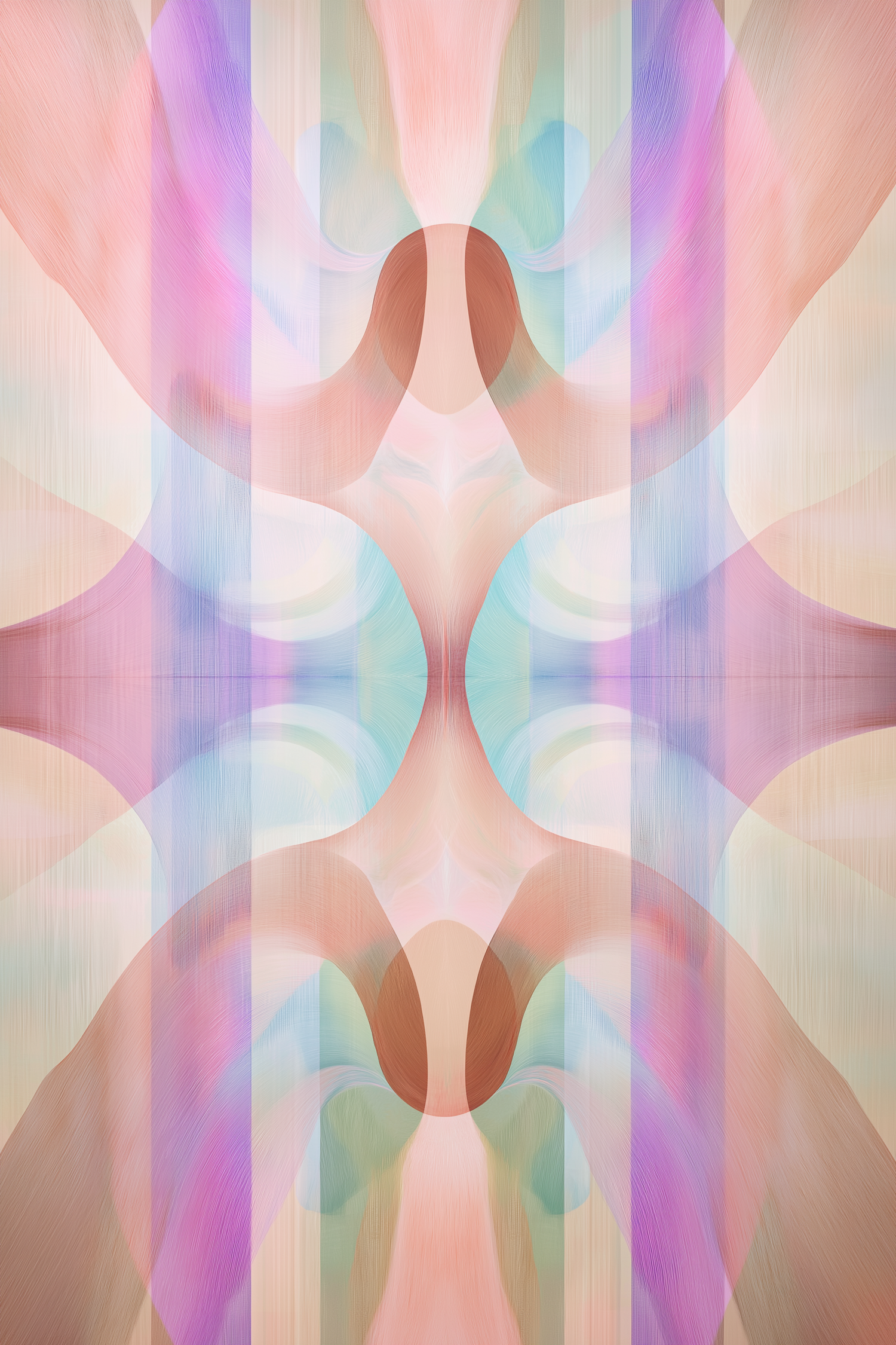 Abstract geometric pattern with overlapping translucent shapes in soft pink, blue, and purple pastels creating an ethereal glow.