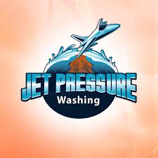 A logo design for Jet Pressure Washing featuring a blue jet aircraft silhouette over a circular emblem with text.