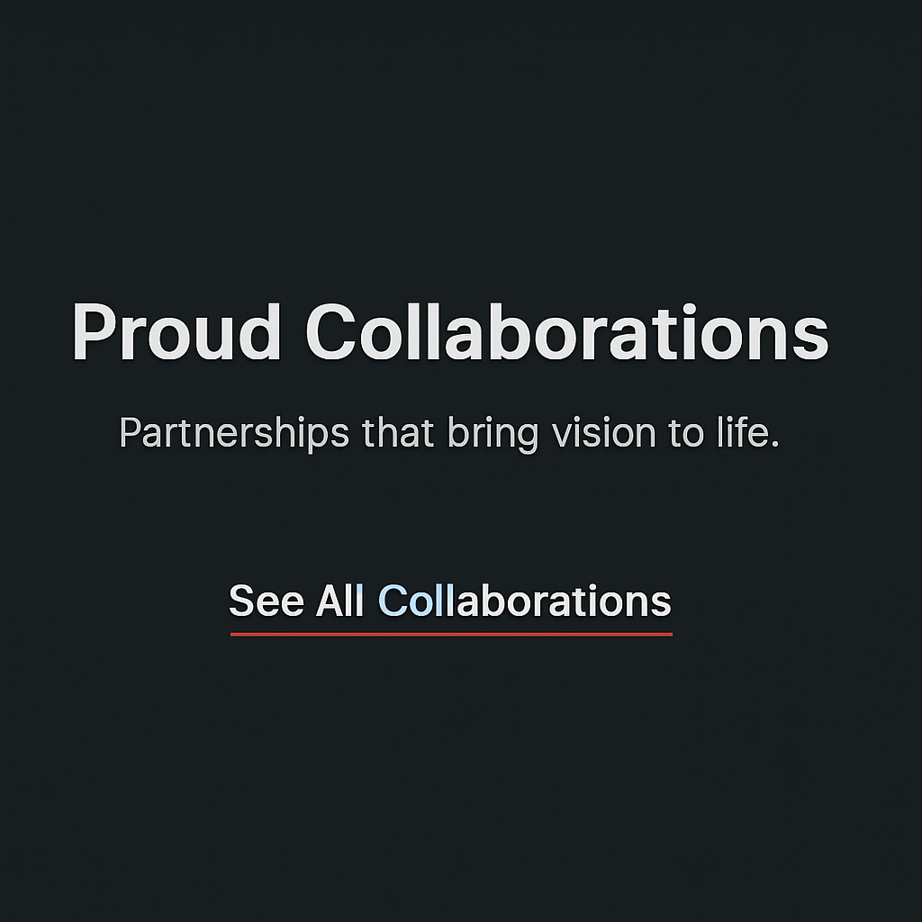 A dark banner design with white text reading 'Proud Collaborations' and a subtitle about partnerships.