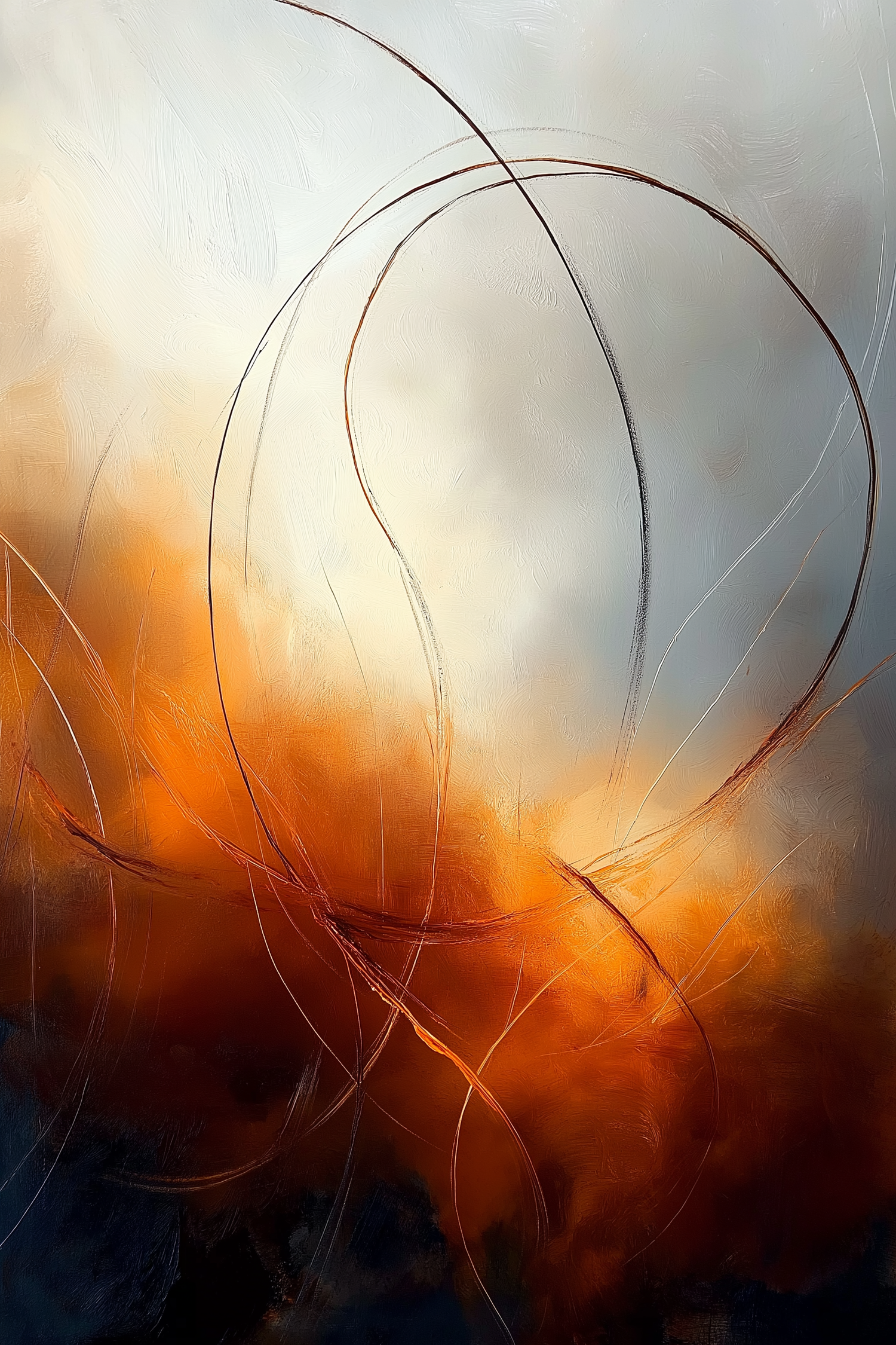 Abstract orange and black background with thin curved lines creating a dynamic pattern against a blurred gradient.