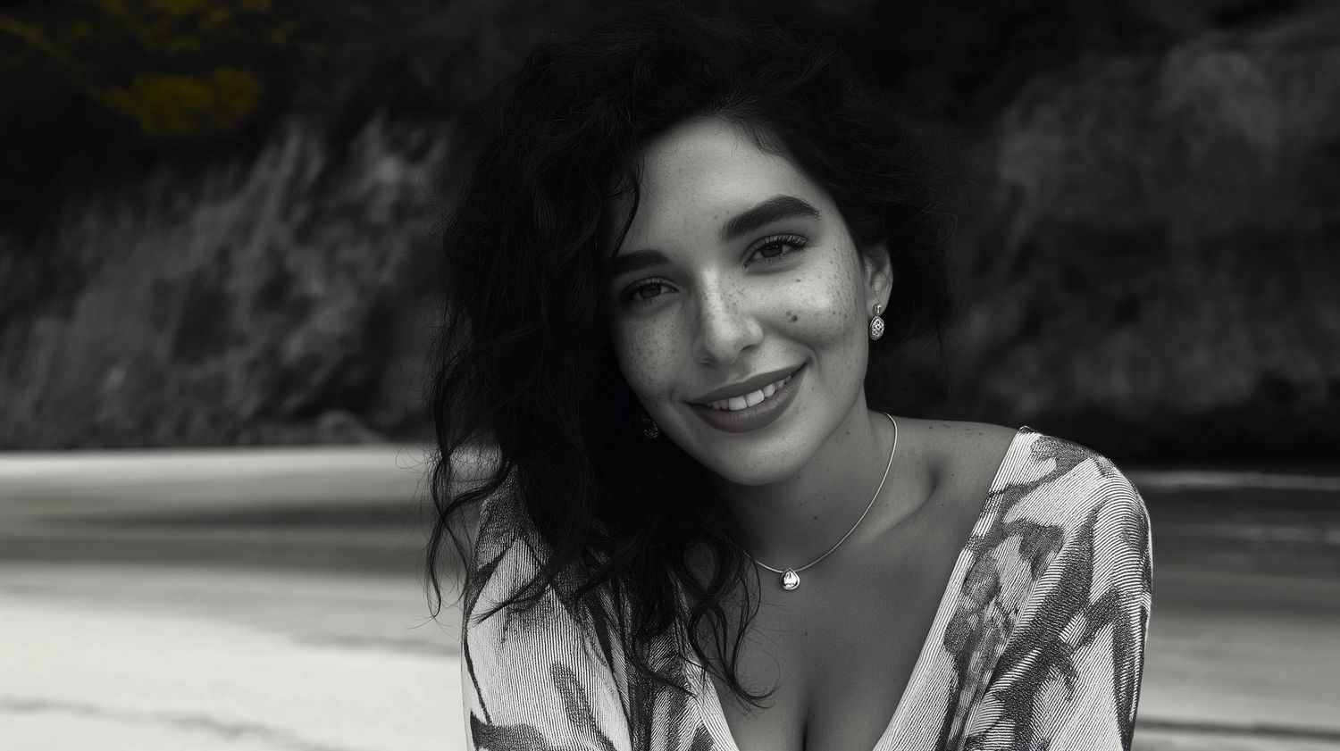 Black and white portrait of a smiling person in a floral dress against a dark background.