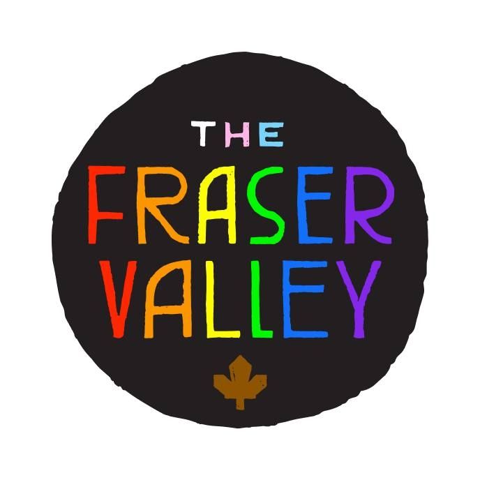 Colorful rainbow text logo for The Fraser Valley with maple leaf icon on black background.