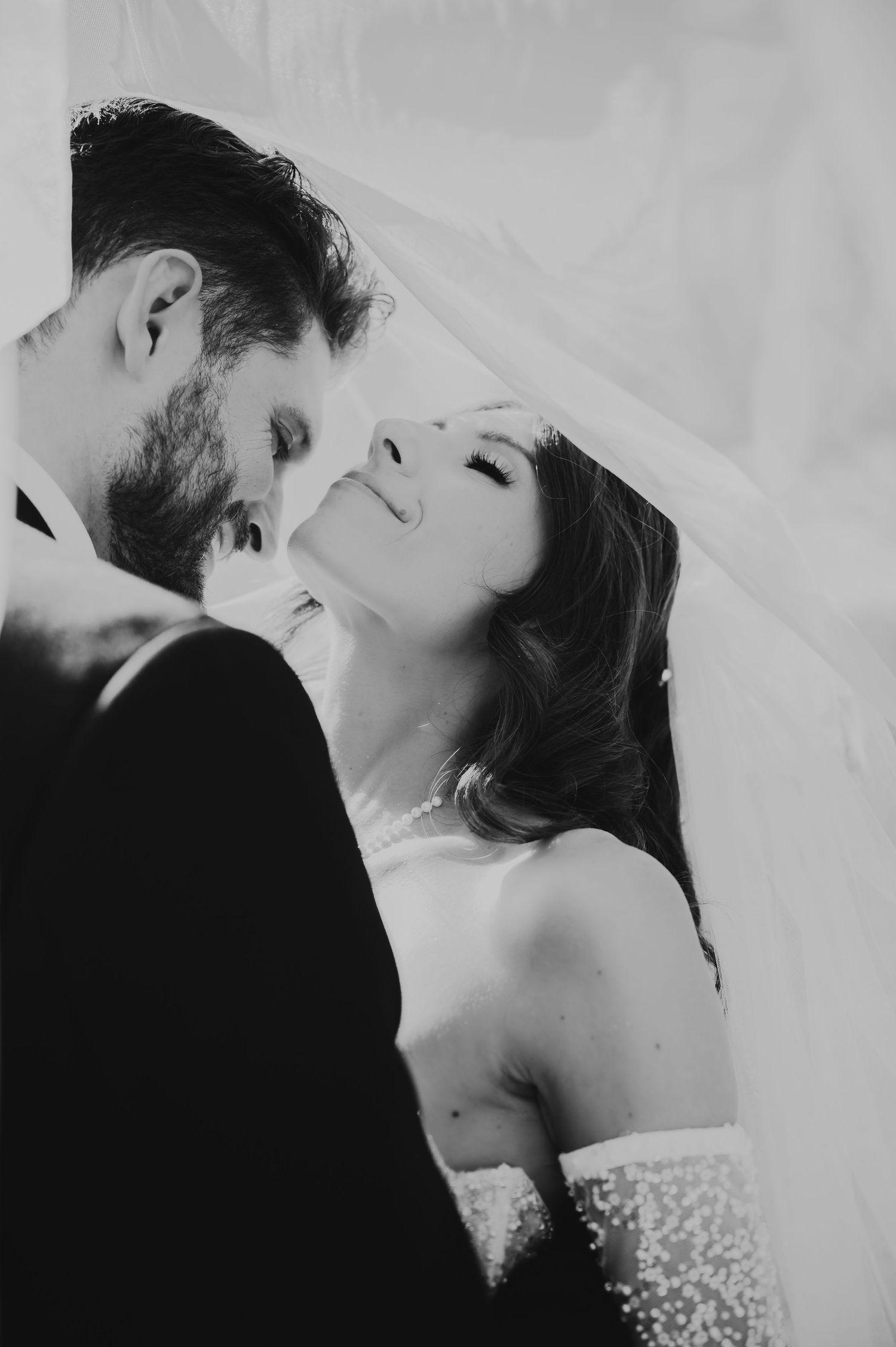 Black and white wedding photo of bride and groom sharing intimate moment under veil Venue Bella Giornata Byron Center Michigan.