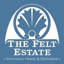 The Felt Estate Historic Home & Gardens logo featuring a decorative shell emblem on a blue background.