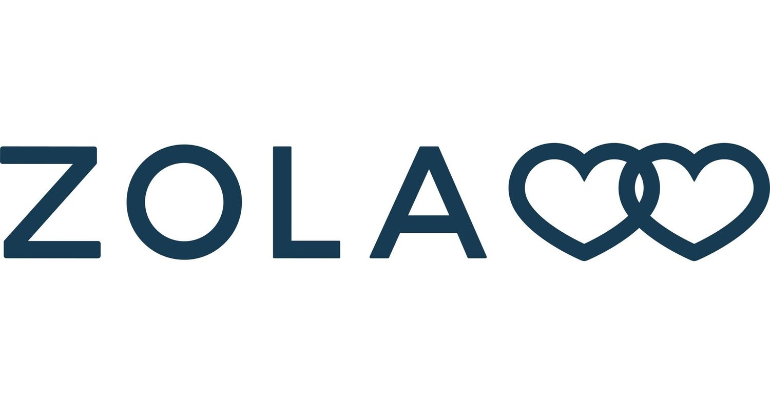 Zola wedding planning logo featuring bold dark blue text with two interlinked heart rings symbol.