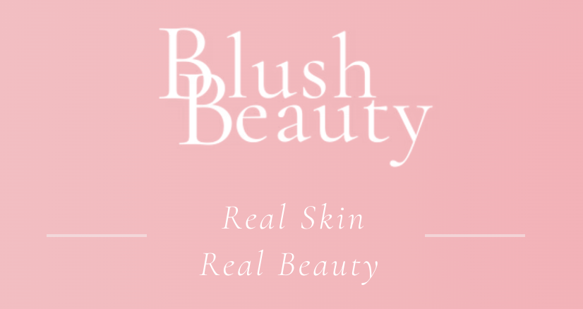 Pink logo card for Blush Beauty salon featuring elegant white serif typography and the tagline Real Skin Real Beauty.