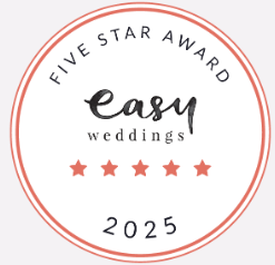 A collection of circular award badges and star ratings in coral pink and white arranged in a horizontal row.