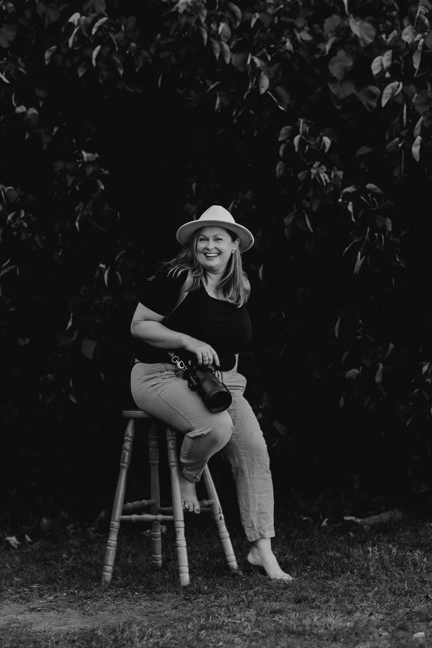 A black and white photo sequence shows someone sitting on a wooden stool in a garden setting.