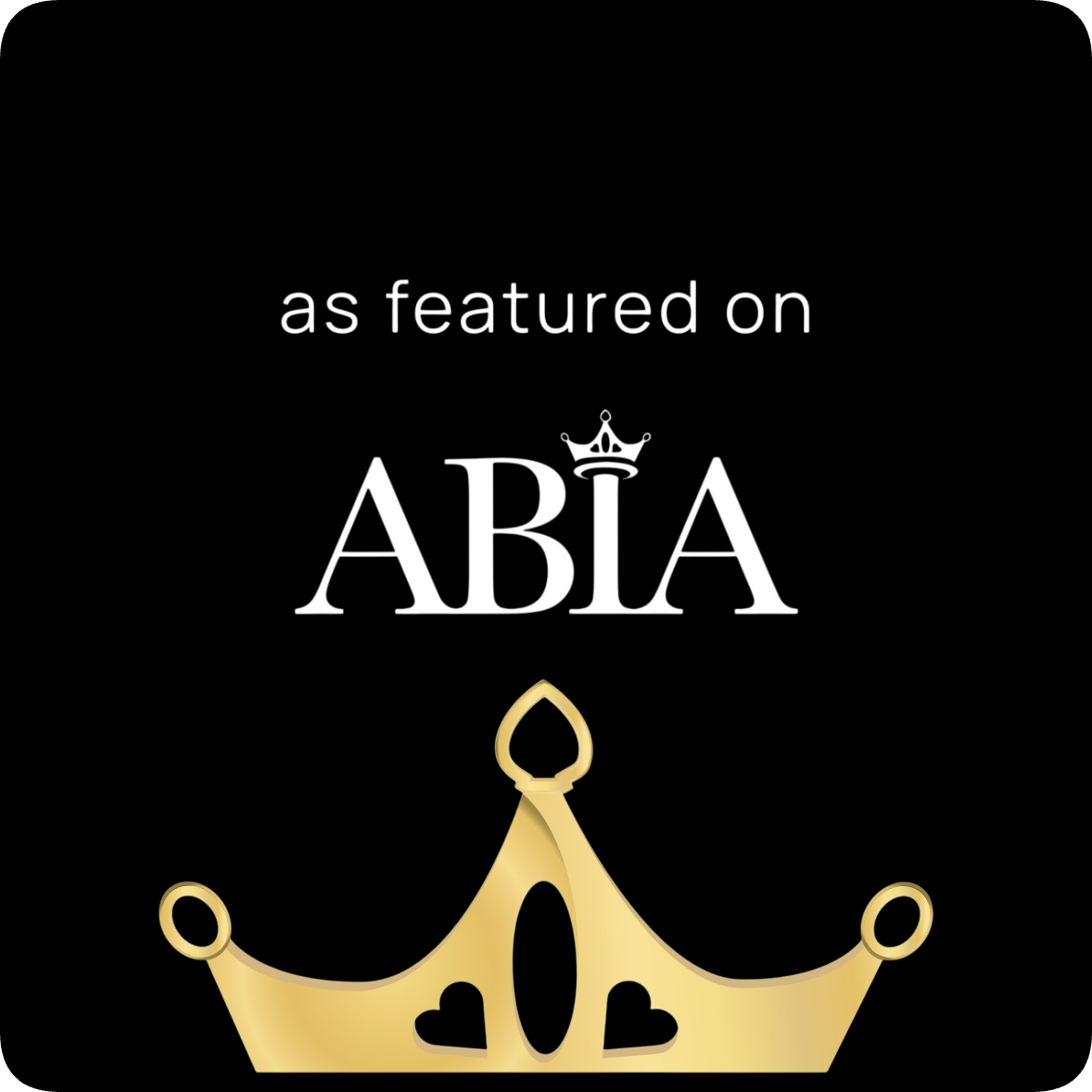 A collection of gold crown logos and text for ABIA branding displayed on a black background.