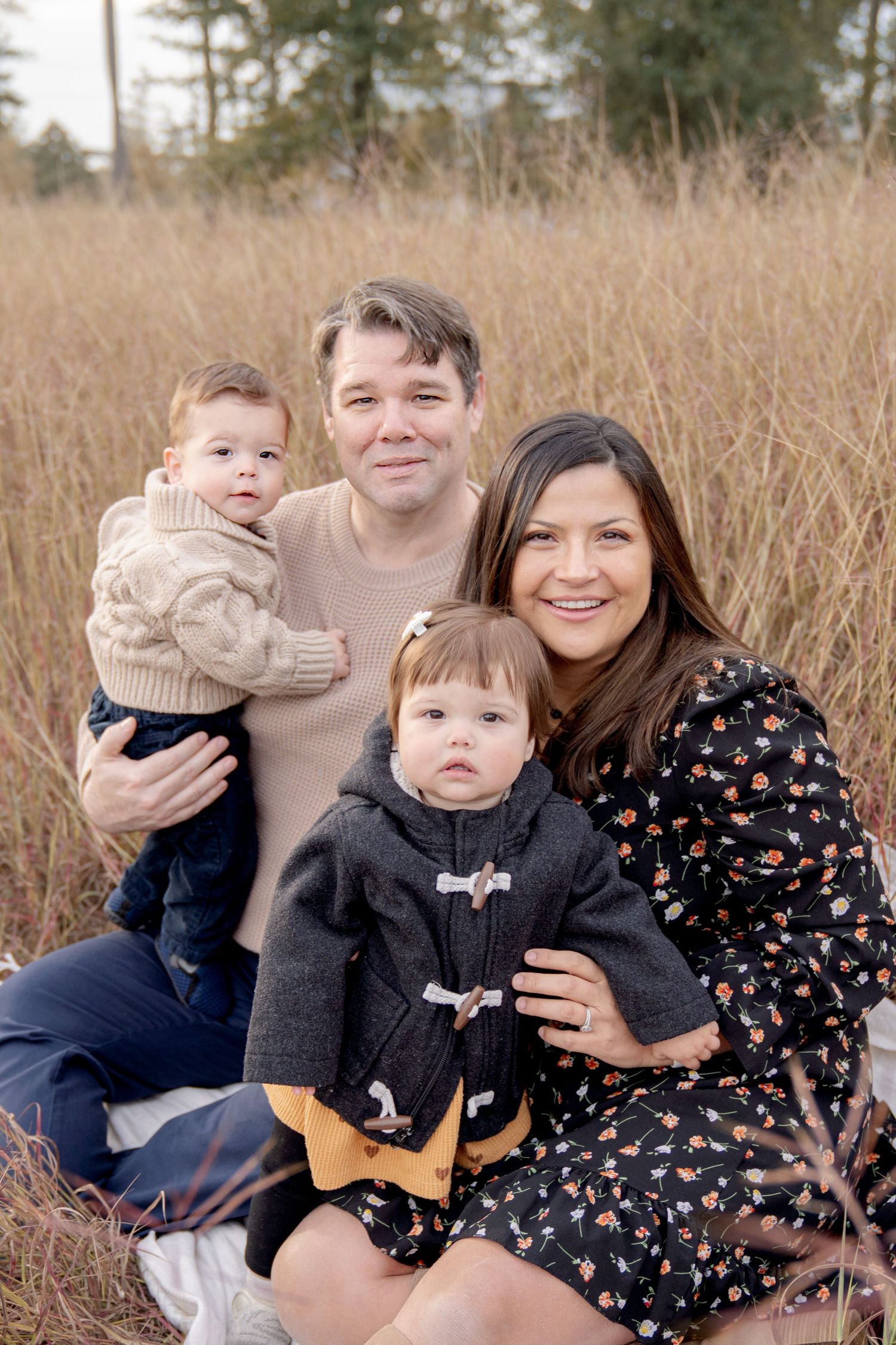 Family of four posing in a golden field, parents holding two young toddlers, smiling warmly in fall outdoor portrait.