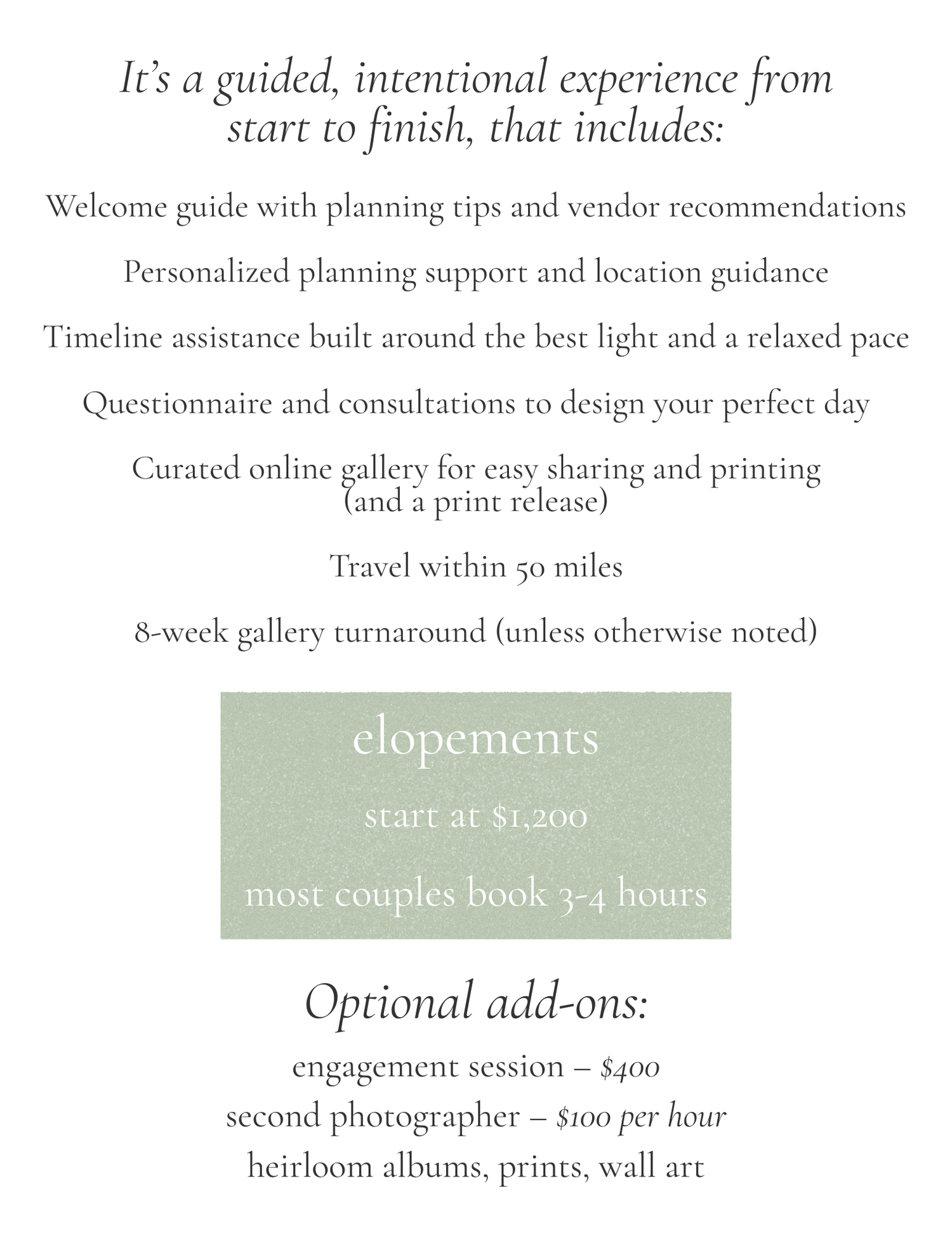 Elopement photography pricing guide starting at $1200 with optional add-ons and 8-week gallery turnaround.