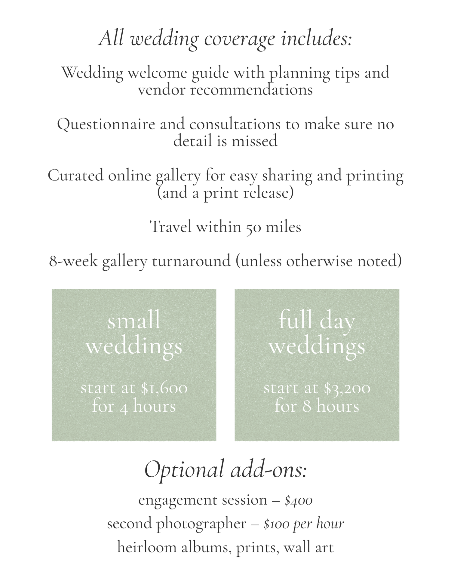 Wedding photography pricing guide showing packages starting at $1,600 for small weddings and $3,200 for full day coverage.