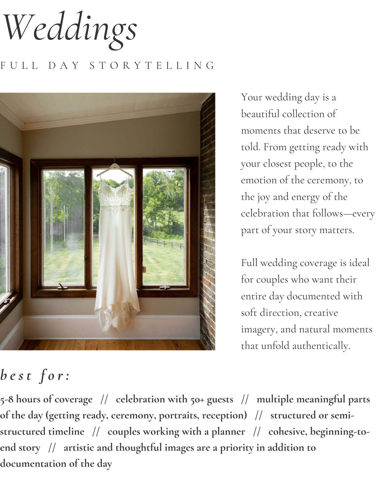 Wedding photography layout showing text overlays and sample images in a clean, modern design with white and beige tones.