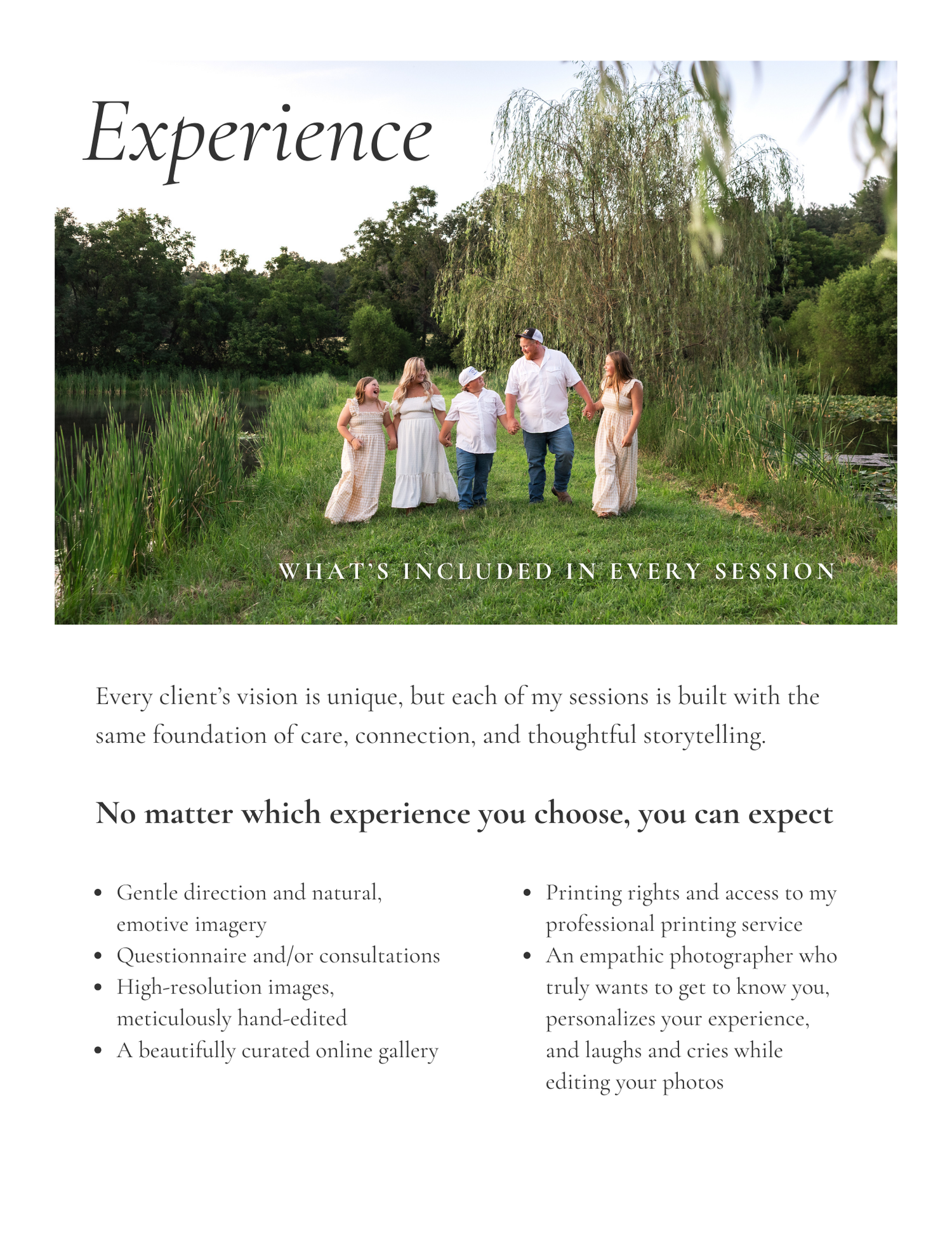 A collage of outdoor photography session images showing people in light colored dresses near willow trees and gardens.