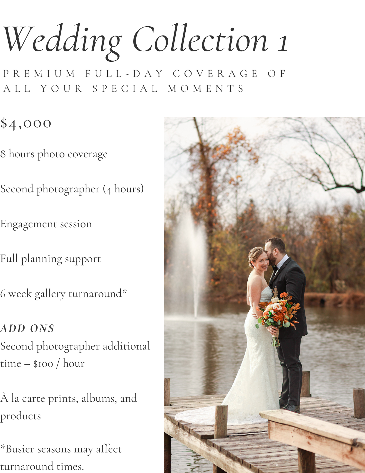 Wedding photography pricing menu showing package details and a couple standing on a dock by an autumn lake.