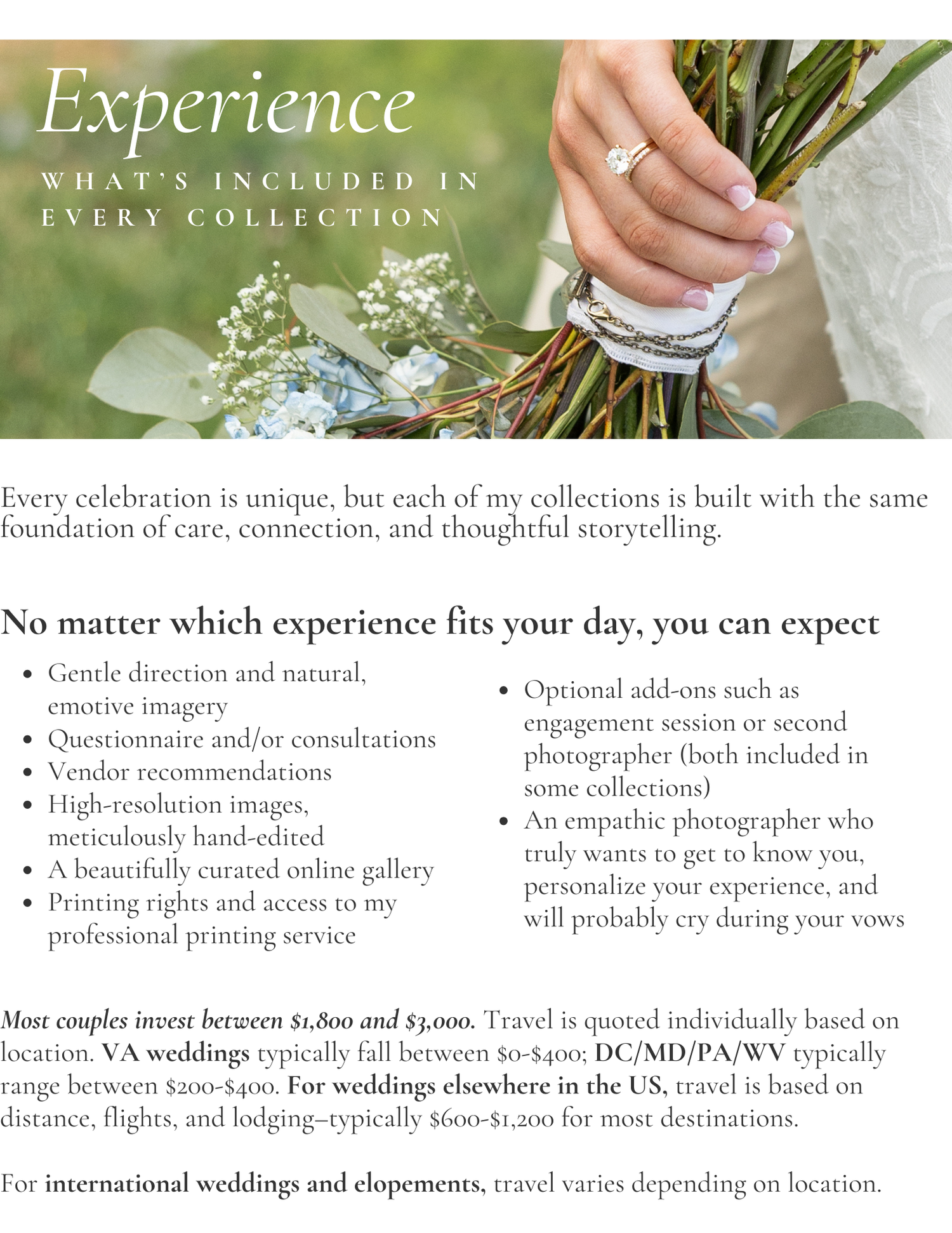 Wedding photography pricing guide template showing service packages and consultation details on a floral background.