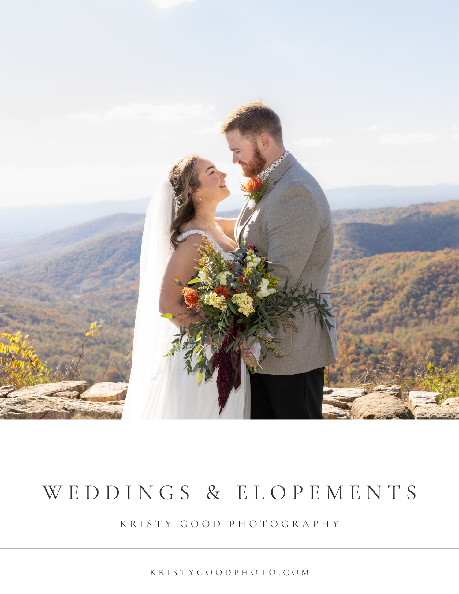 Couple embracing at mountain overlook with fall foliage, bride holding wildflower bouquet, Kristy Good Photography weddings.