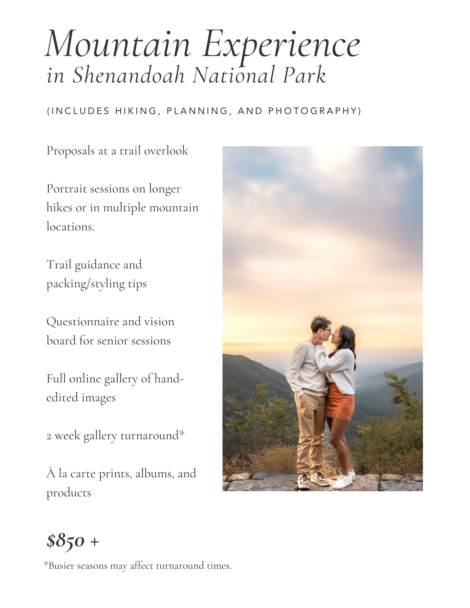 Couple embracing at a mountain overlook in Shenandoah National Park during a golden sunset photography session.