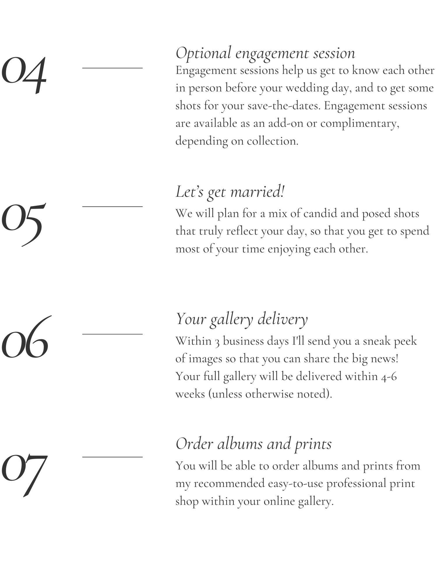 A numbered list of wedding photography service steps from 4 to 7 shows engagement sessions and gallery delivery details.