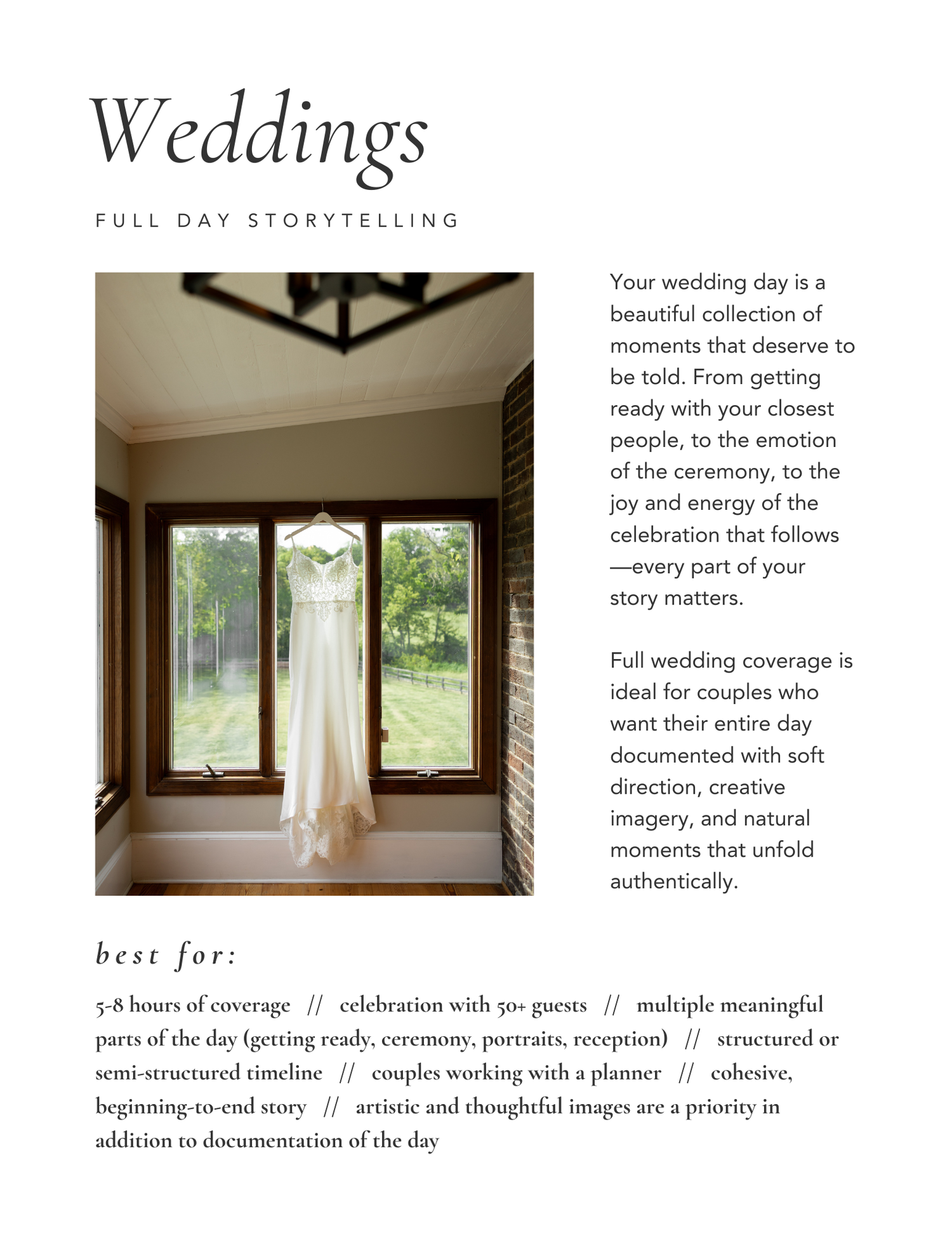 A wedding photography brochure page layout showing windows, a hanging dress, and text about full day storytelling services.