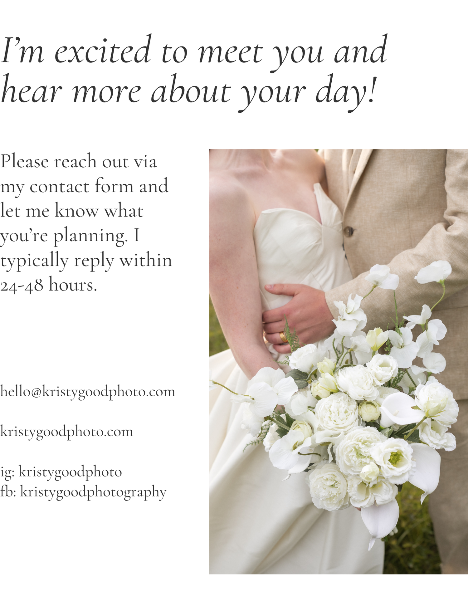 A bride holding a white floral bouquet with a groom in a beige suit, alongside wedding photographer contact details.