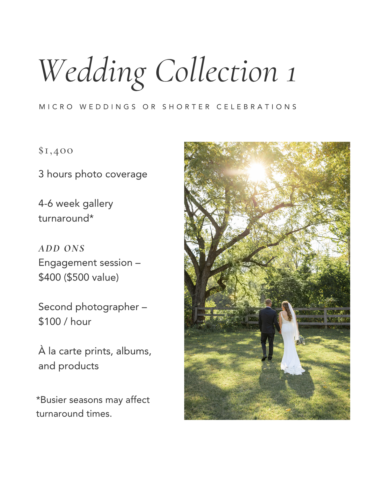 Wedding photography package pricing information displayed on a light background with sample photos and service details.
