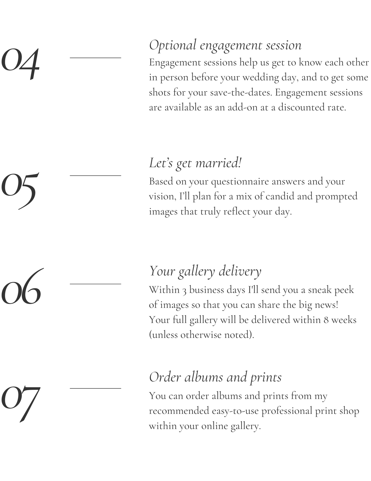 A wedding photography guide showing steps 04-07 covering engagement sessions, wedding day, gallery delivery, and album ordering.