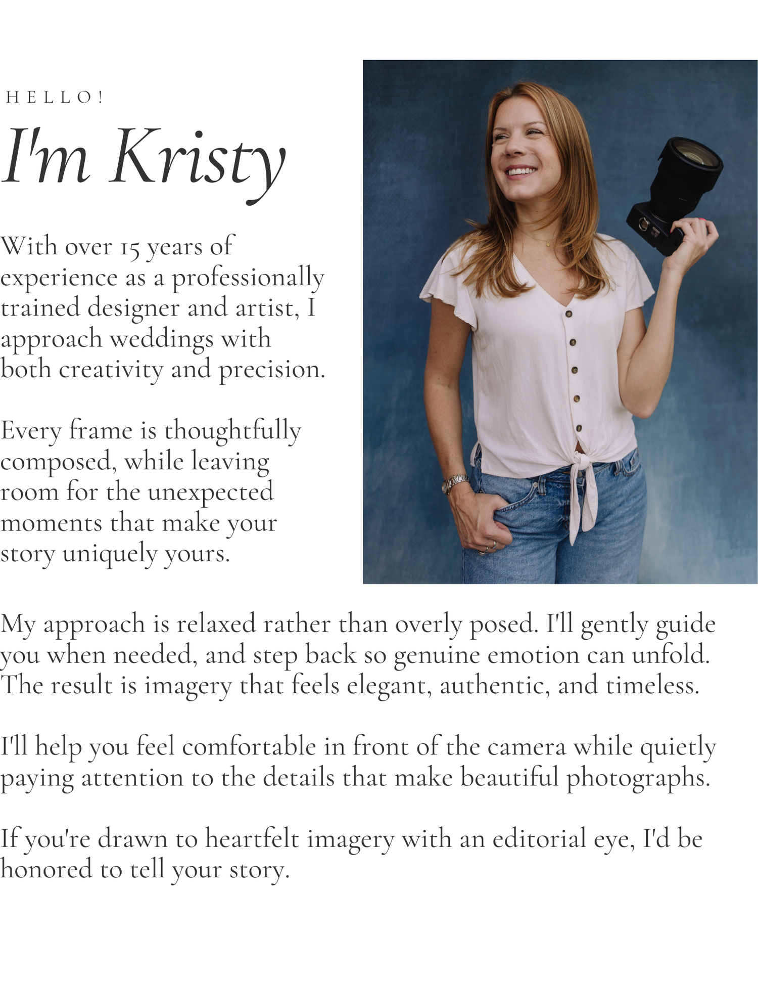 Kristy, a professional wedding photographer with 15+ years experience, smiles holding a camera in a white top.