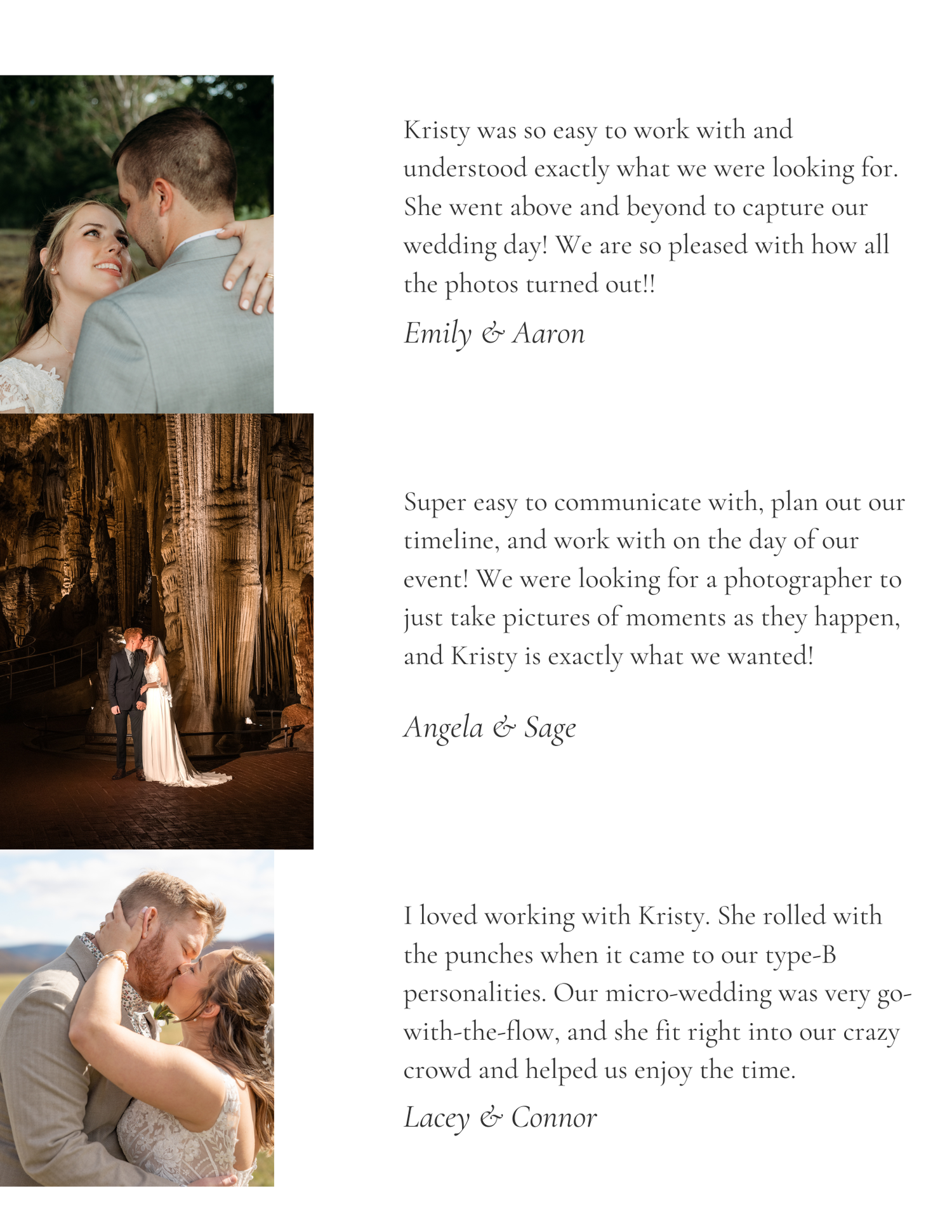 A collage of wedding photography testimonials and reviews with rustic outdoor photos and romantic moments.