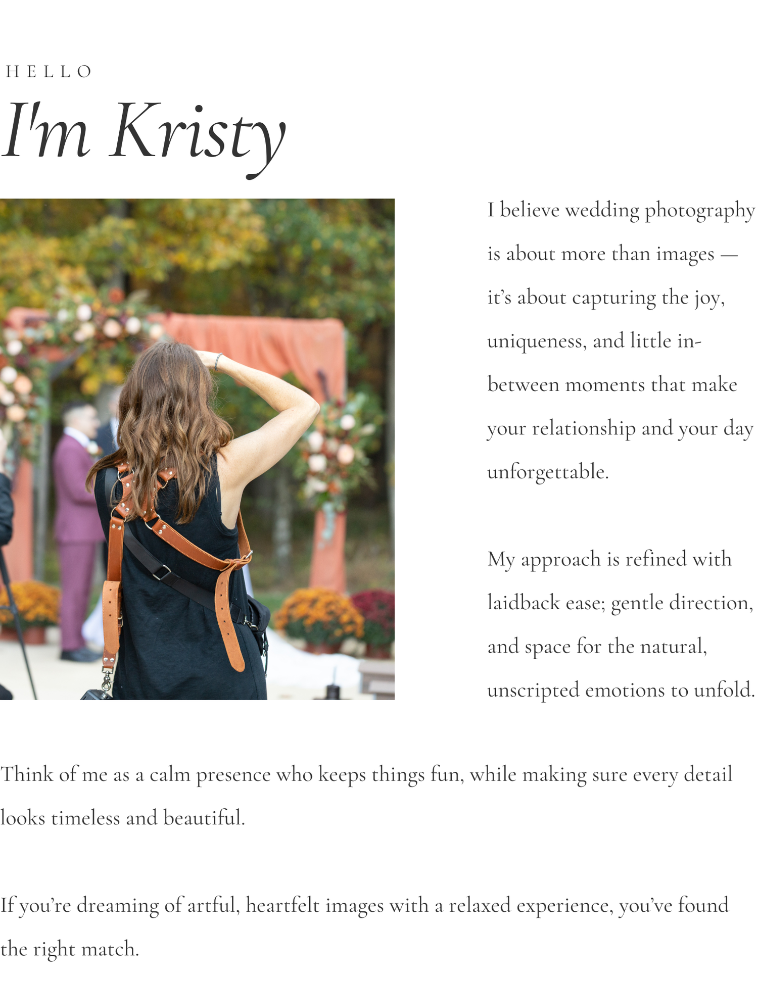 A wedding photography website layout displays multiple images and text sections in a clean, modern design.