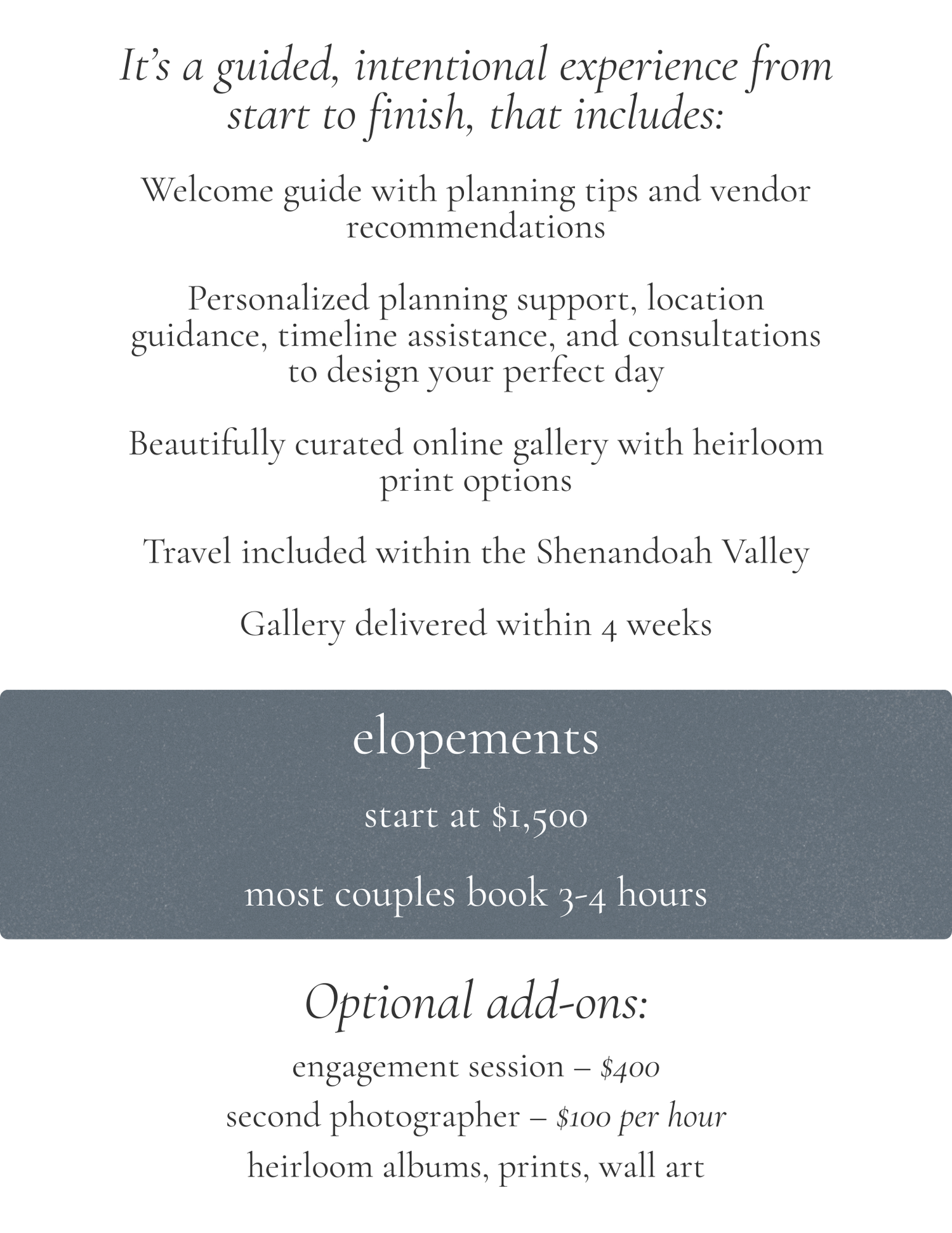 Elopement photography pricing guide listing services starting at $1,500 with optional add-ons including engagement sessions.