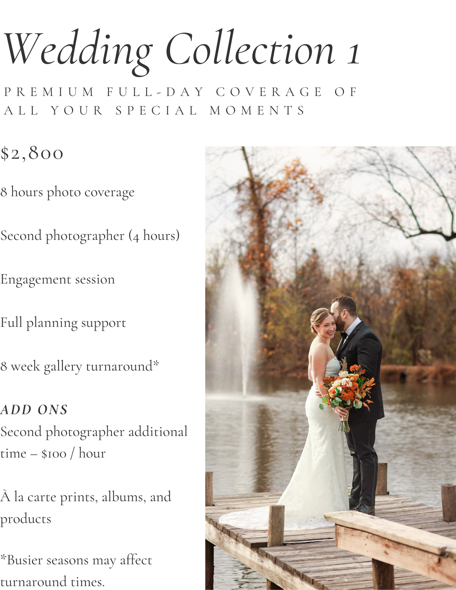 A wedding photography pricing guide showing package details and add-ons with a romantic lakeside photo backdrop.