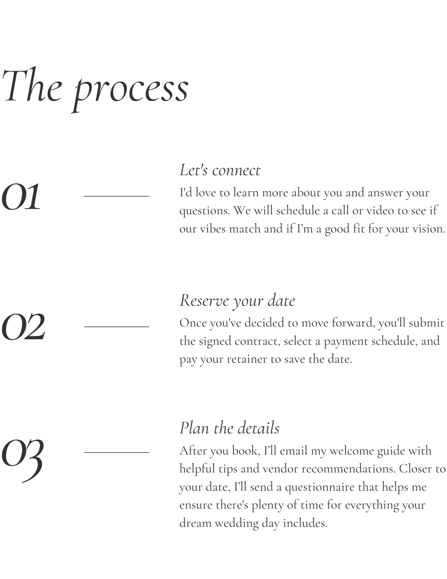 A wedding photographer's three-step booking process guide outlining connect, reserve, and plan details steps.