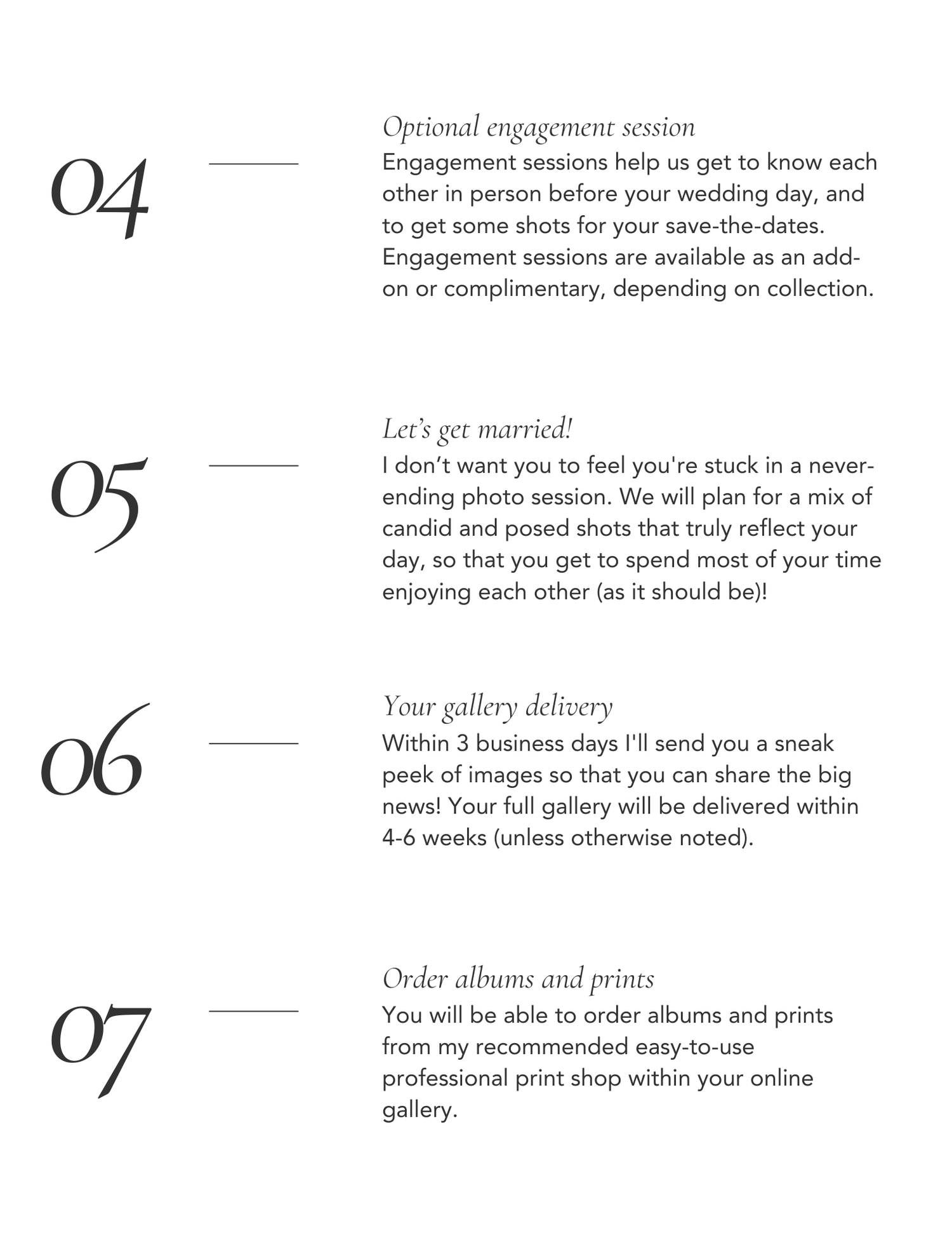 A page from a wedding photography guide showing numbered sections 04 through 07 with text about engagement sessions.