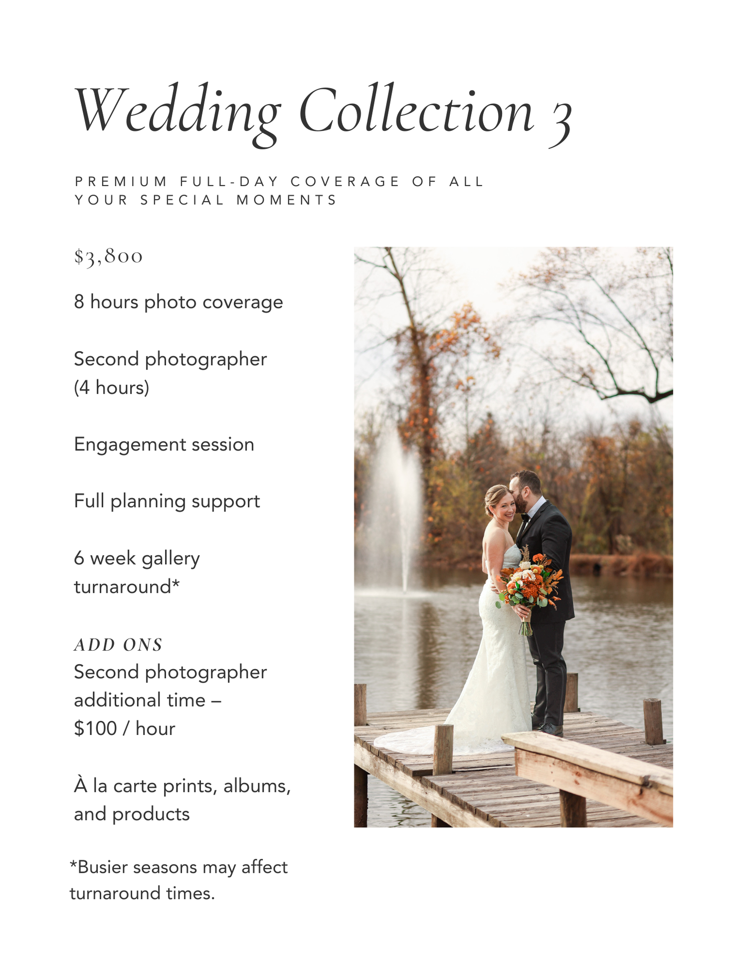 Wedding photography pricing package details showing collection options and sample photos on a light background.